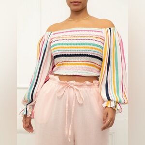🆕 ELOQUII NWT Colorful Rainbow Striped Off-Shoulder Smocked Crop Top